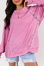 Load image into Gallery viewer, Bright Pink Lace Patched Raglan Sleeve Loose Fit Sweatshirt
