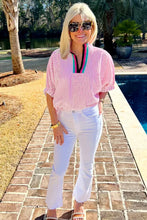 Load image into Gallery viewer, &quot;WAITLIST&quot; Sachet Pink Striped Print Contrast Split Neck Dolman Sleeve Blouse

