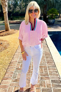"WAITLIST" Sachet Pink Striped Print Contrast Split Neck Dolman Sleeve Blouse