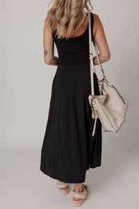 Black Sleeveless Scoop Neck Flared Split Midi Dress