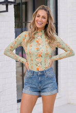 Load image into Gallery viewer, Mint Floral Print Mesh Mock Neck Long Sleeve Top
