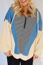 Load image into Gallery viewer, Black Stripe Denim Color Block Quarter Zip Baggy Drawstring Hoodie
