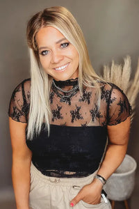 Black Plus Size Sheer Lace Mesh Short Sleeve Top