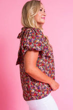 Load image into Gallery viewer, Purple Floral Print Knotted High Neck Puff Sleeve Blouse
