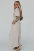Load image into Gallery viewer, Beige Half Placket Chest Pockets Short Sleeve Wide Leg Jumpsuit
