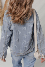 Load image into Gallery viewer, Sky Blue Bow Knot Print Light Wash Raw Hem Denim Jacket
