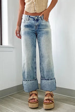 Load image into Gallery viewer, &quot;WAITLIST&quot; Light Blue Star Print Light Wash Drawstring High Waist Wide Leg Jeans
