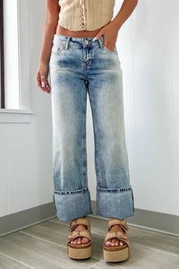 "WAITLIST" Light Blue Star Print Light Wash Drawstring High Waist Wide Leg Jeans