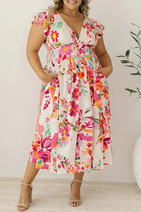 Pink Floral Print V Neck Ruffle Sleeve Plus Size Midi Dress
