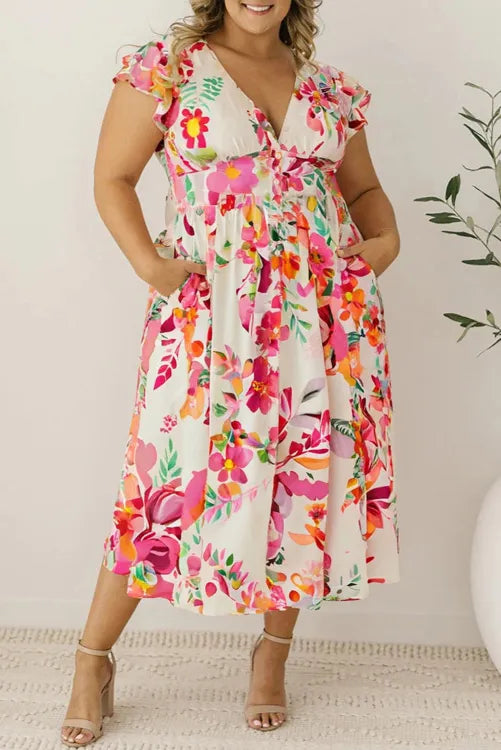 Pink Floral Print V Neck Ruffle Sleeve Plus Size Midi Dress