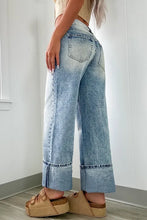 Load image into Gallery viewer, &quot;WAITLIST&quot; Light Blue Star Print Light Wash Drawstring High Waist Wide Leg Jeans
