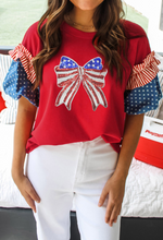 Load image into Gallery viewer, Fiery Red Patriotic Sequin Bow Blouse
