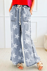 "WAITLIST" Light Blue Star Print Light Wash Drawstring High Waist Wide Leg Jeans