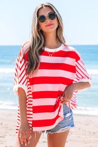 "WAITLIST" Pink Stripe Patchwork Round Neck Side Split Loose T Shirt