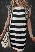 Load image into Gallery viewer, Black Stripe Contrast Ruffled Sleeve T-shirt Dress
