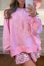 Load image into Gallery viewer, Bonbon Lace Insert Bow Embroidered Exposed Seam Sweatshirt

