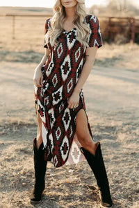 "WAITLIST" Red Western Aztec Printed Long T-shirt Dress