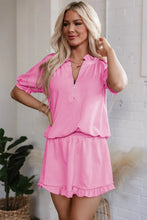 Load image into Gallery viewer, Pink Half Zip Puff Sleeve Top and Ruffled Shorts Set
