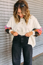 Load image into Gallery viewer, Beige Contrast Plaid Long Sleeve Exposed Seam Patchwork Top
