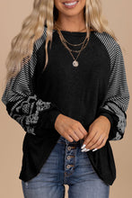 Load image into Gallery viewer, Black Contrast Print Striped Raglan Long Sleeve Loose Top
