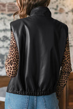 Load image into Gallery viewer, Black Double Flap Pocket Faux Leather Zip Up Stand Neck Vest
