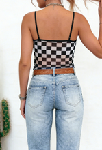 Load image into Gallery viewer, Black Sheer Checkered Print Spaghetti Top
