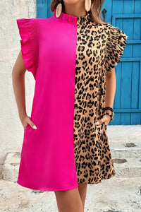 Rose Red Leopard Contrast Patchwork Ruffled Sleeve Short Shift Dress