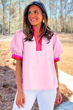 Load image into Gallery viewer, &quot;WAITLIST&quot; Pink Contrast Striped V Neck Collision Short Puff Sleeve Blouse
