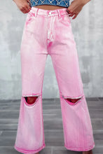 Load image into Gallery viewer, Pink High Waist Rhinestone Cutout Wide Leg Jeans
