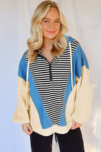 Load image into Gallery viewer, Black Stripe Denim Color Block Quarter Zip Baggy Drawstring Hoodie
