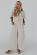 Load image into Gallery viewer, Beige Half Placket Chest Pockets Short Sleeve Wide Leg Jumpsuit
