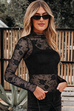 Load image into Gallery viewer, Black Sheer Floral Lace Mesh Mock Neck Long Sleeve Top
