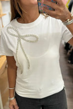 Load image into Gallery viewer, &quot;WAITLIST&quot; White Rhinestone Bow Embellished Round Neck Tee
