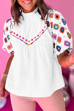 Load image into Gallery viewer, White Embroidered Smocked Neck Puff Sleeve Top
