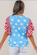 Load image into Gallery viewer, Sky Blue Vintage Star Print Striped Ruffle
