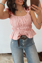 Load image into Gallery viewer, Pink Stripe U Neck Ruffle Tank
