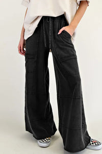 "WAITLIST" Black Mineral Wash Exposed Seam Drawstring High Waist Wide Leg Cargo