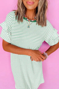"WAITLIST" Green Stripe Ruffled Short Sleeve Crew Neck T Shirt Shift Mini Dress