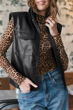 Load image into Gallery viewer, Black Double Flap Pocket Faux Leather Zip Up Stand Neck Vest
