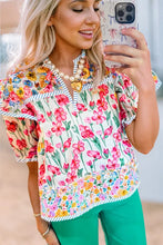 Load image into Gallery viewer, Pink Floral Print Striped Detail Split Neck Short Sleeve Blouse
