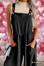 Load image into Gallery viewer, Black Textured Buttoned Straps Ruched Wide Leg Jumpsuit

