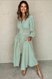 "WAITLIST" Green Stripe V Neck Zip Front Cinched High Waist Midi Dress
