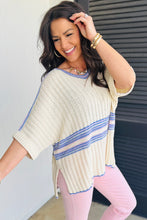 Load image into Gallery viewer, White Striped V Neck Dolman Sleeve Rib Knit Oversized Sweater with Slits
