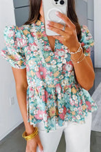 Load image into Gallery viewer, Multicolour Notched Neck Puff Short Sleeve Floral Blouse
