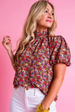 Load image into Gallery viewer, Purple Floral Print Knotted High Neck Puff Sleeve Blouse
