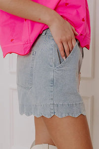 "WAITLIST" Dusk Blue Scalloped Hemline Acid Wash High Waist Denim Shorts
