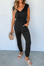 Load image into Gallery viewer, Black Shirred High Waist Sleeveless Jumpsuit

