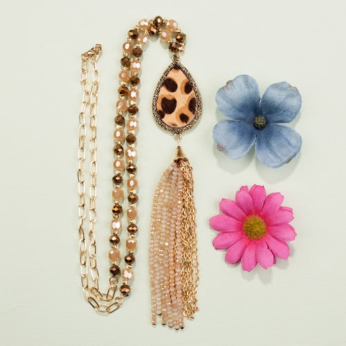 Animal Print Beaded Tassel Necklace - Brown