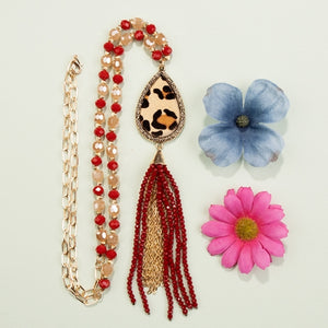 Animal Print Beaded Tassel Necklace - Red