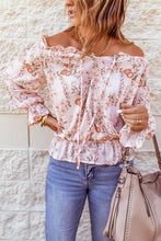 Load image into Gallery viewer, Pink Off The Shoulder Puff Sleeve Ruffled Floral Print Blouse
